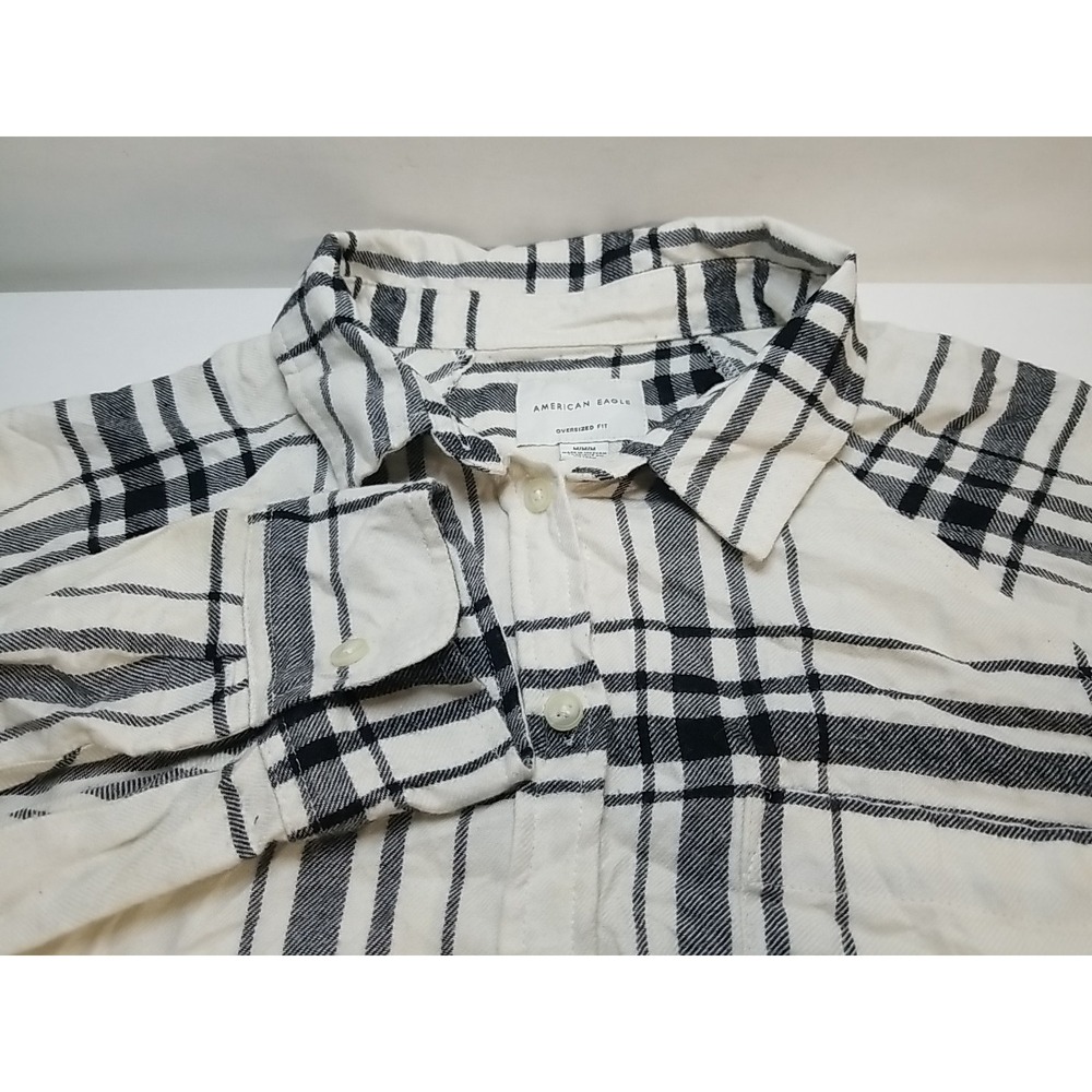 American Eagle Womens Oversized Fit Plaid Button Up Shirt Medium White Black LS